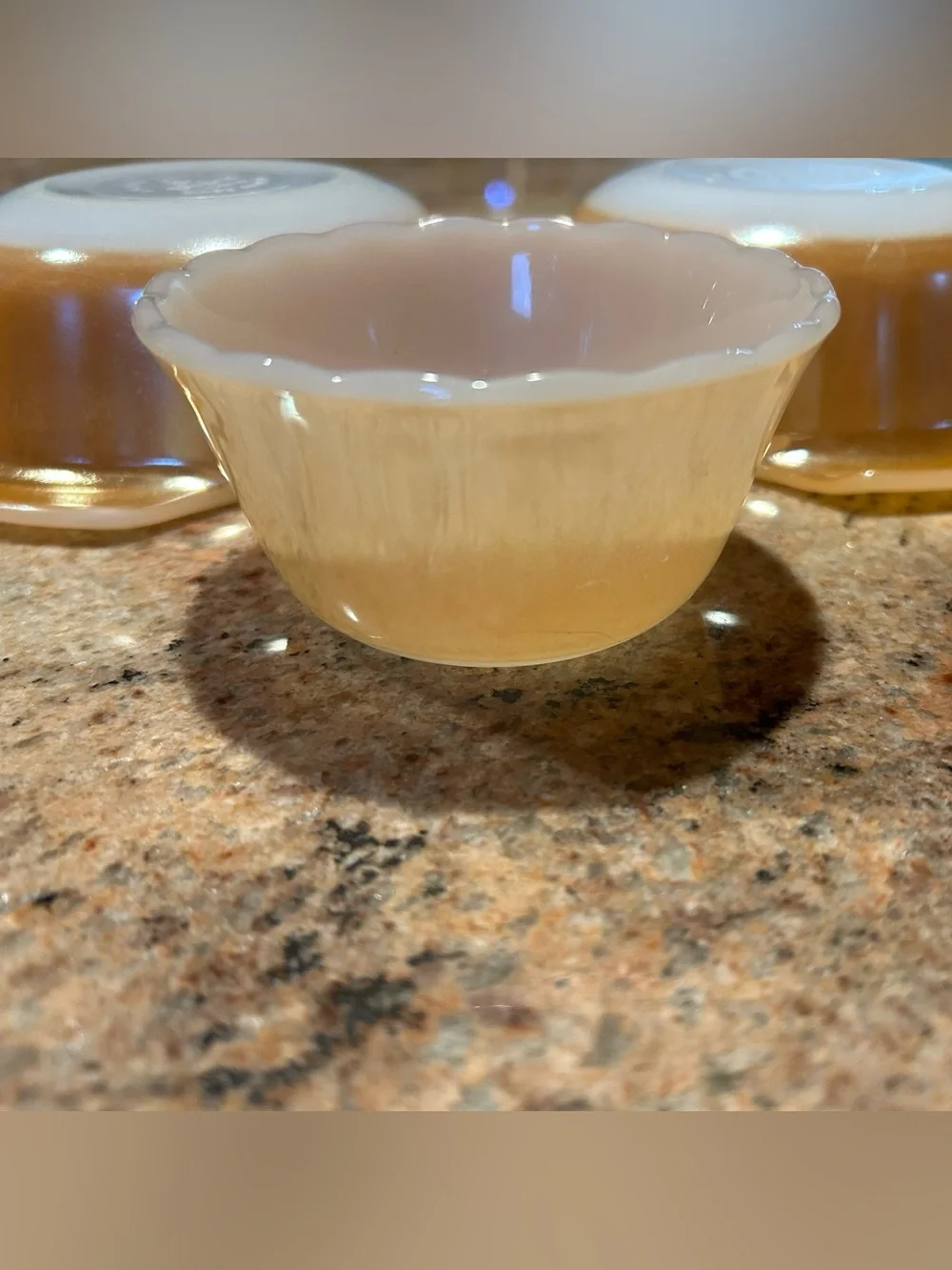 Fire King #472 Peach Lustre Set of 2 12oz Round Casserole + (1) 6oz Custard Cup